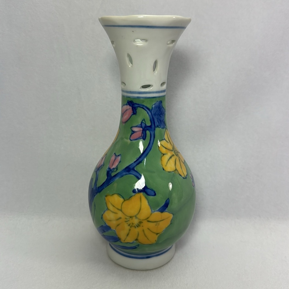 Vintage Chinese Pottery Hand Painted Floral Green Vase Pink Yellow Blue Flowers